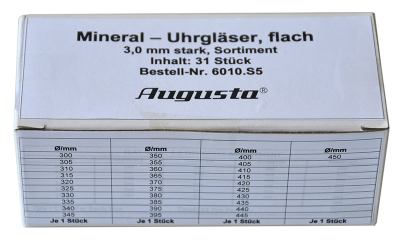 Sortiment Mineraluhrgläser, flach Sortiment Mineraluhrgläser, flach